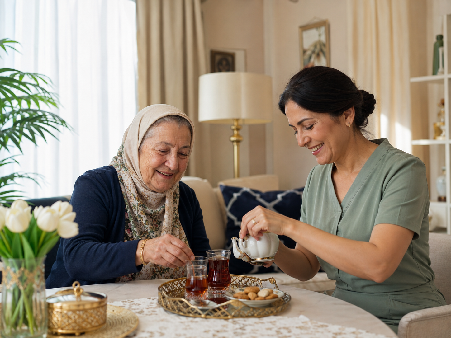 Evde yaşlı bireye günlük yaşam desteği sunan bakım personeli